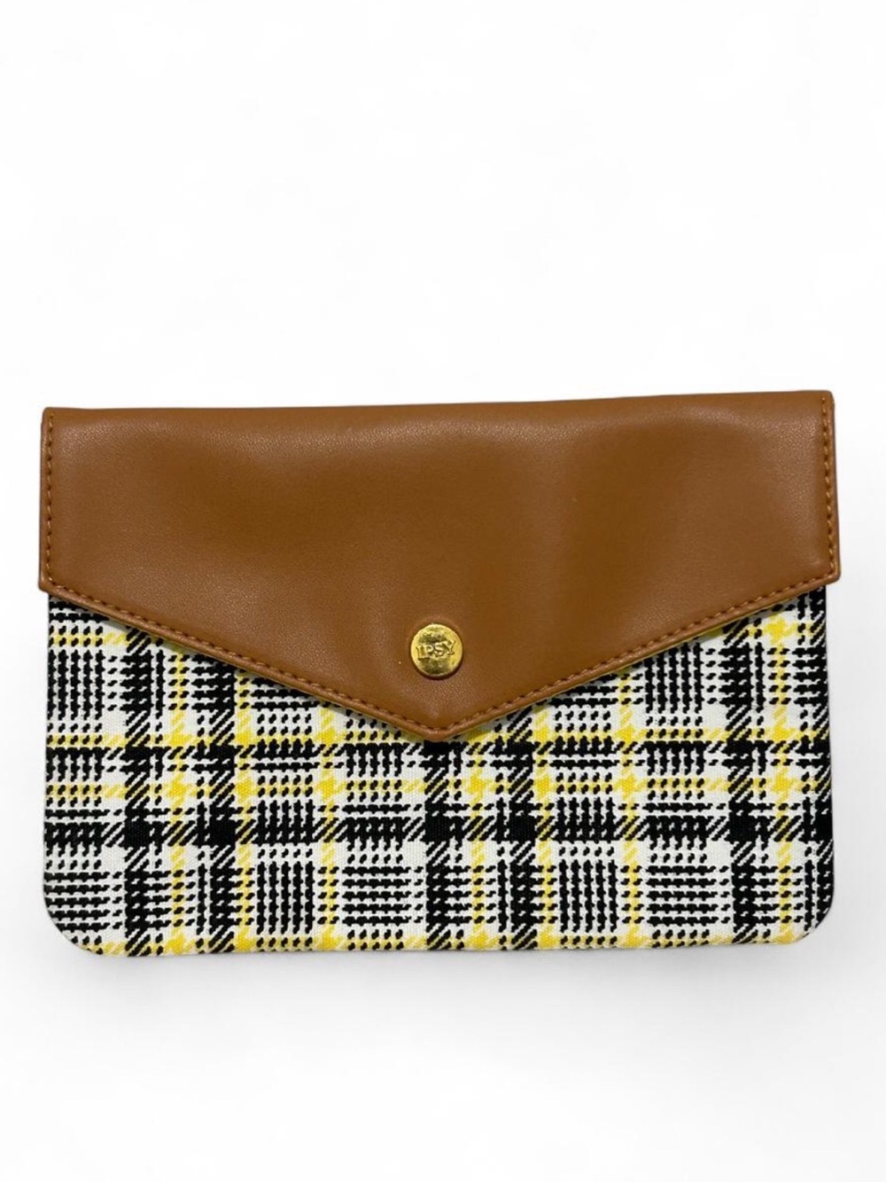 IPSY Yellow Plaid Tartan Envelope Clutch Makeup Bag Cosmetic Pouch